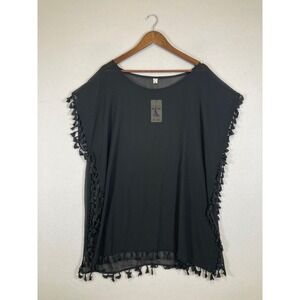 GDKEY Swimsuit Cover Up Women L-XXL Black Chiffon Tassel Boho Sheer Top NWT